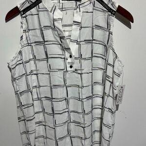 CURE Women's White Black Windowpane Split Neck Sleeveless Blouse Small NWT